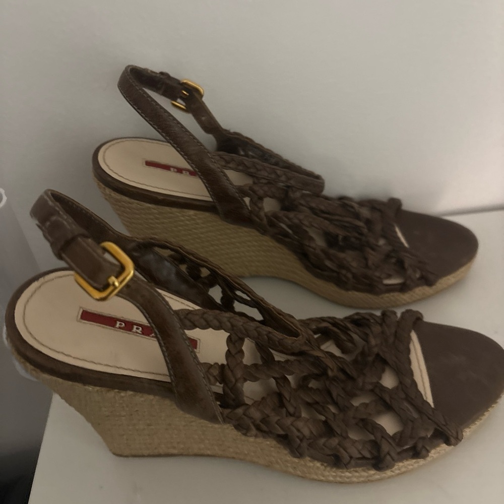 Prada Women's Brown Woven Wedges - Picture 4 of 12